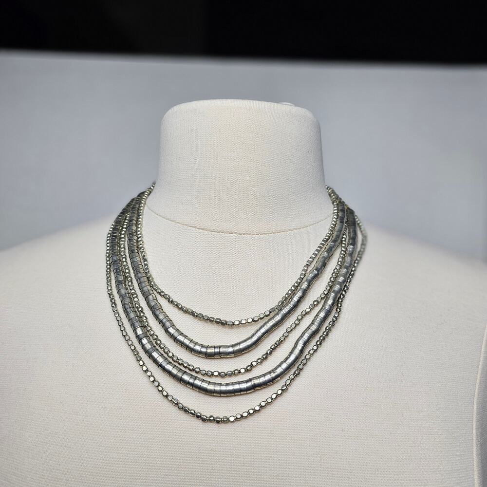 Stacked Cups Snake Bead Necklace Modernist Industrial Interlocking Silver Tone